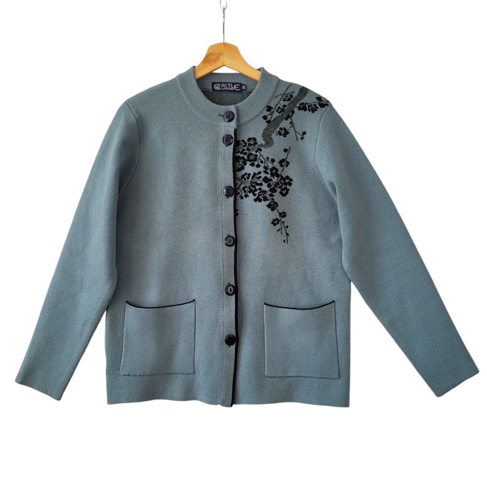 Castle of Ireland Cardigan Women‎ 14 Blue Wool Blend Floral Button Up